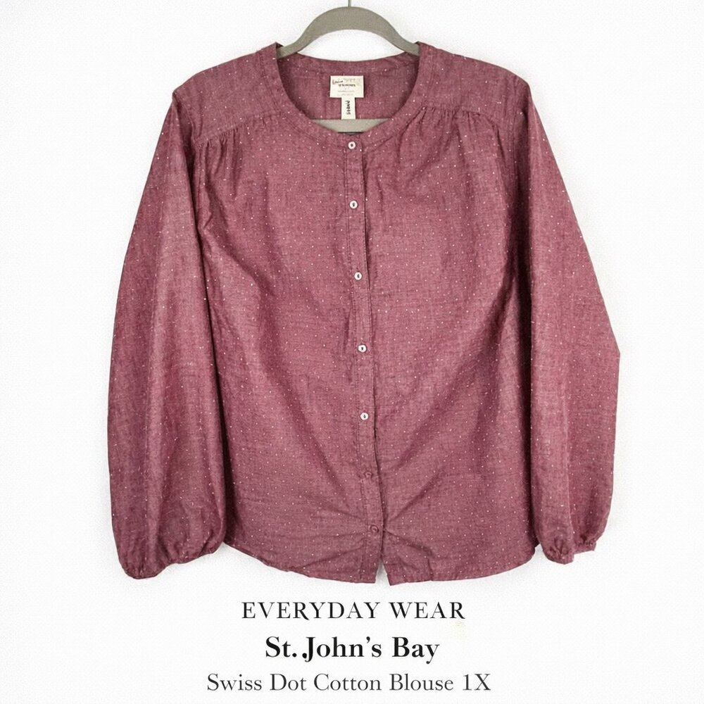 St. John’s Bay 100% Cotton Swiss Dot Button Front Blouse Burgundy 1X